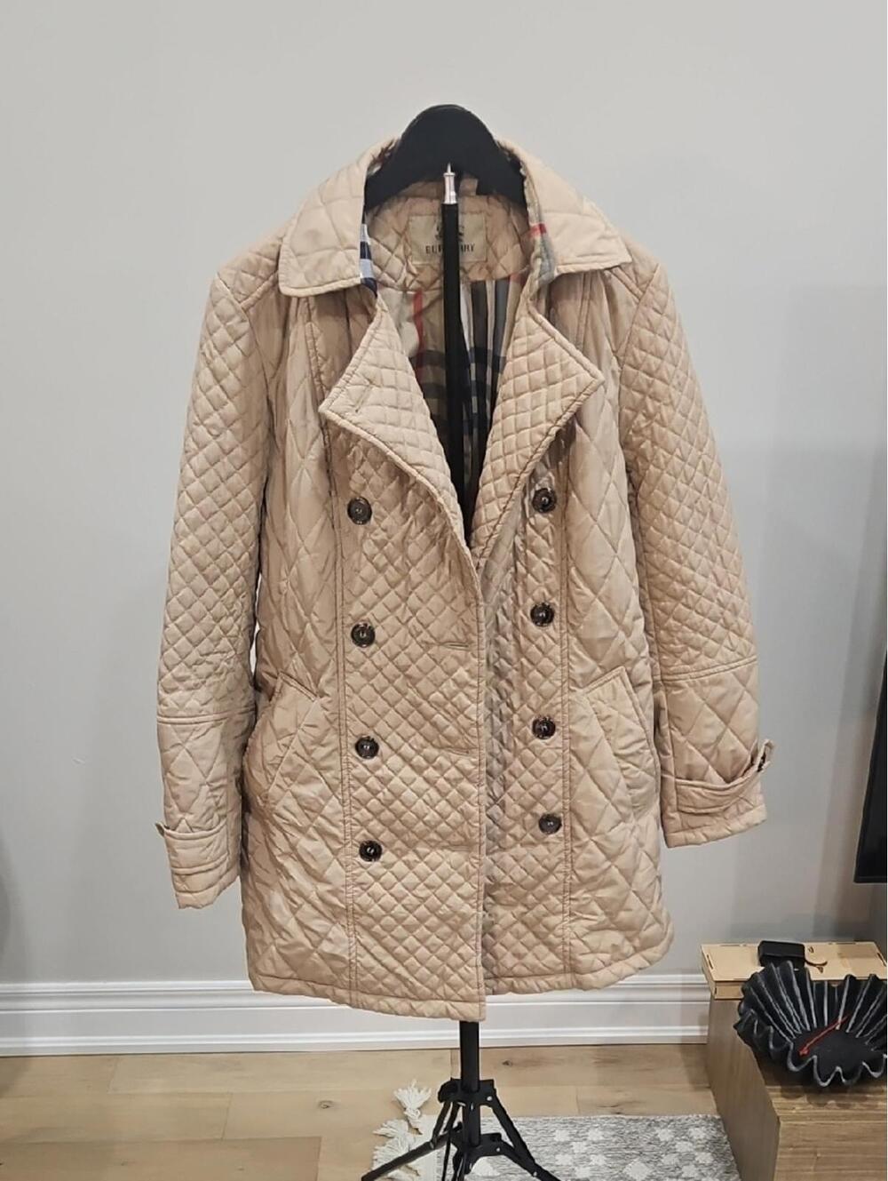 Burberry Quilted Double-Breasted Pea Coat in Beige